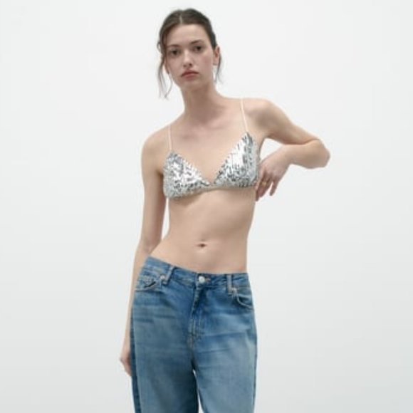 BLOGGER'S FAVE! Zara Sequin Appliqué Bikini Top Silver NWT - Picture 13 of 17